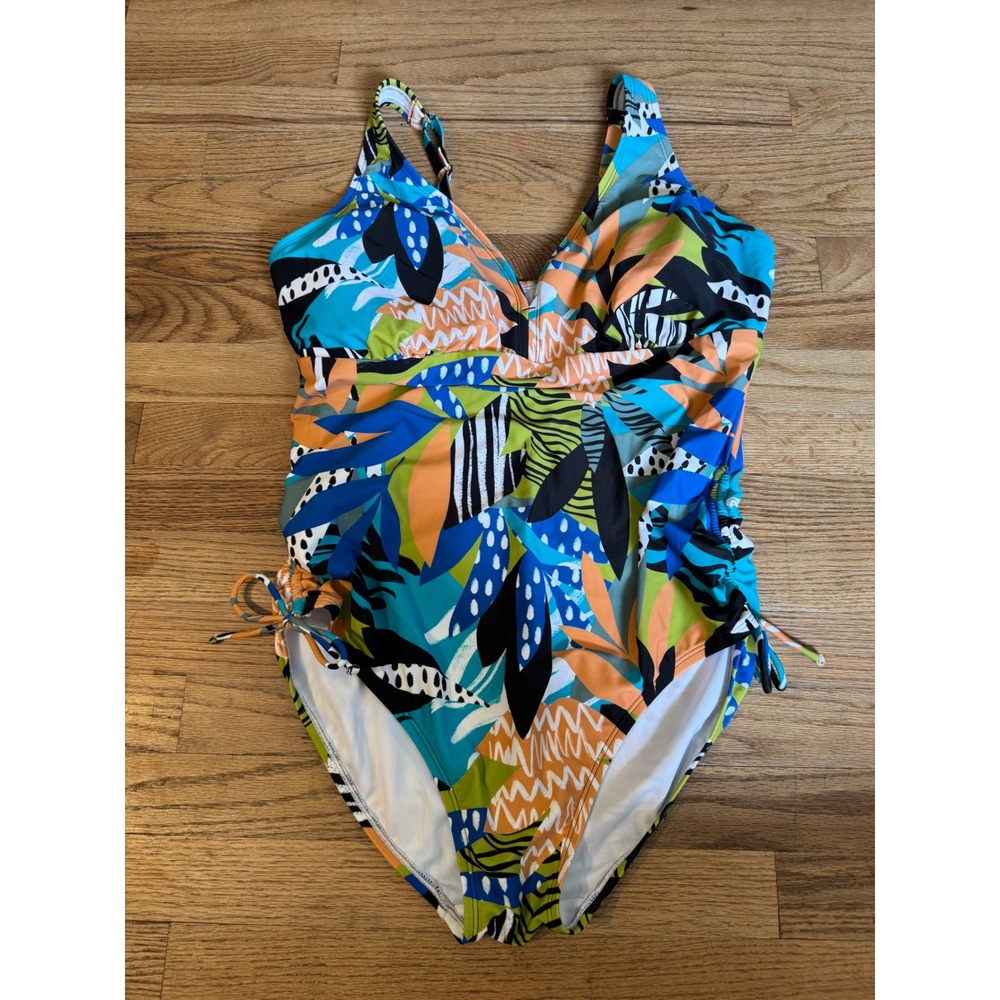 Tropical Floral V-Neck One Piece‎ Swimsuit Multicolor Ruching Side Ties Womens